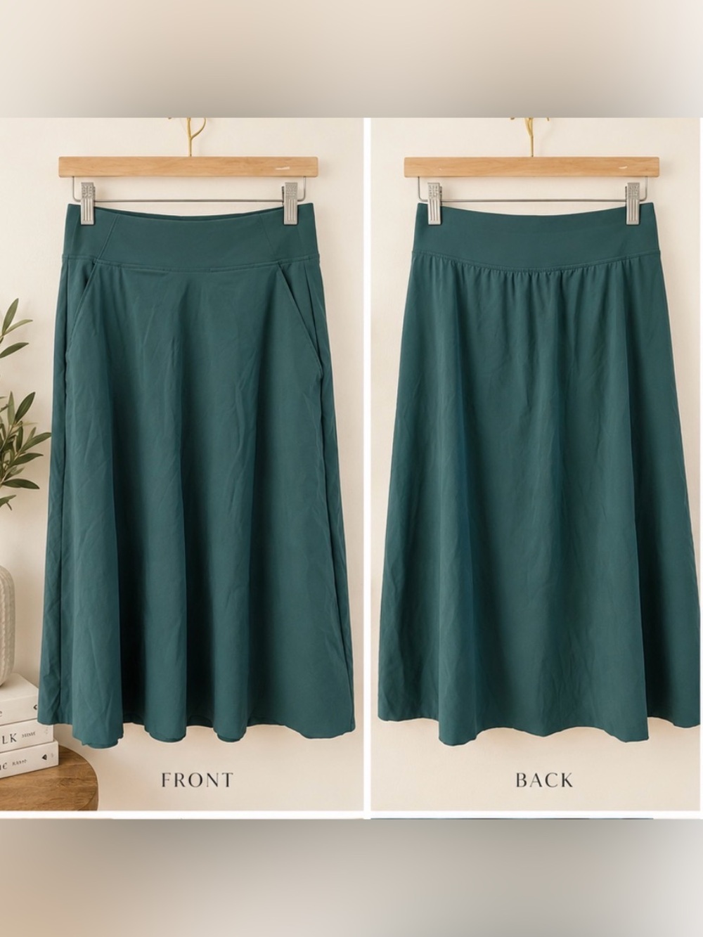 Athleta Teal Green A-Line Midi Skirt Pockets Pull On Travel Athleisure